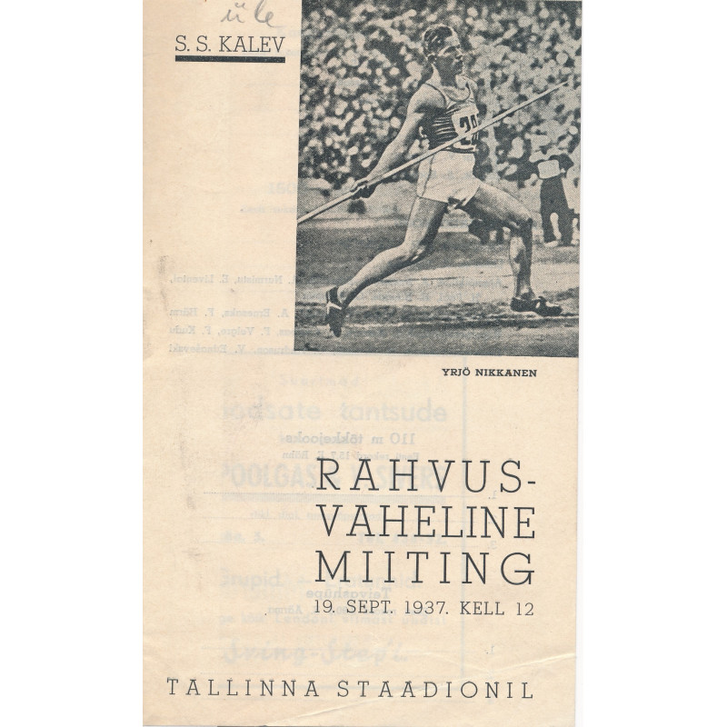 Rahvusvaheline miiting : 19. sept. 1937 Tallinna staadionil : [kava]